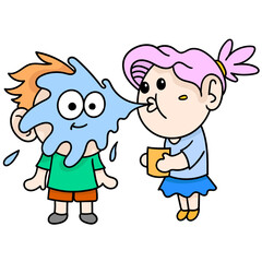Vector of child spraying water to boy face