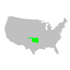 Vector map of the state of Oklahoma highlighted in Green on a map of the United States of America.