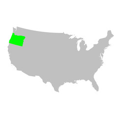 Vector map of the state of Oregon highlighted in Green on a map of the United States of America.