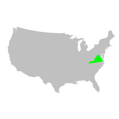 Vector map of the state of Virginia highlighted in Green on a map of the United States of America.