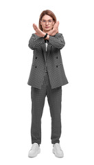 Beautiful businesswoman in suit rejecting on white background