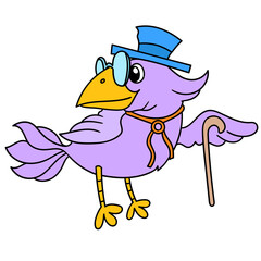 Editable cartoon style doodle of a bird with a hat, glasses and a walking stick
