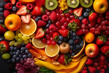 Fototapeta na wymiar Vibrant fruit medley in a rainbow of colors. Wholesome mixture for a healthy lifestyle. Image. Generative AI