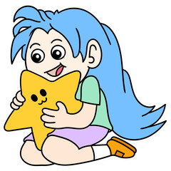 Editable cartoon style doodle of a girl with long hair hugging a star