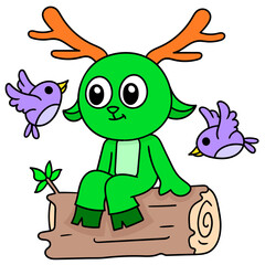 Editable cartoon style doodle of a deer sitting on a wood surrounded by birds