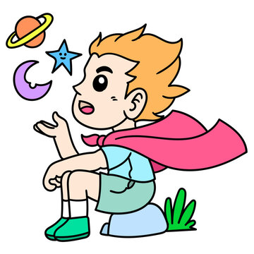 Editable cartoon style doodle of a boy daydreaming, sitting on a rock and planets floating