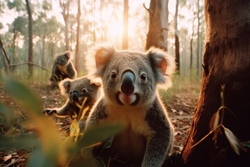 Naklejka premium Koala on eucalyptus tree outdoor. Generative AI