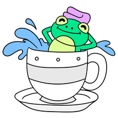 Vector illustration of a cartoon frog in a cup of water isolated on a white background