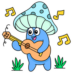 Vector illustration of a cartoon mushroom playing a guitar isolated on a white background