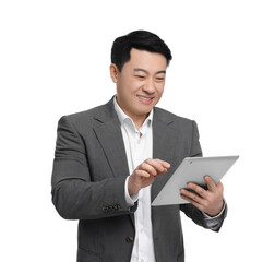 Businessman in suit using tablet on white background