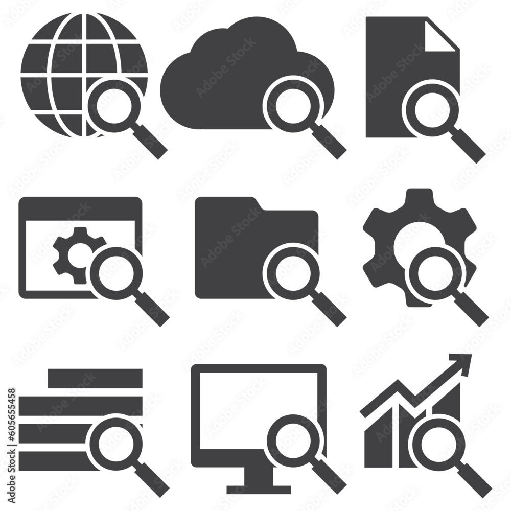 Poster black and white editable set of computer icons under a search icon