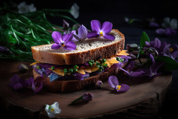Delicious homemade sandwich with flowers. Generative AI