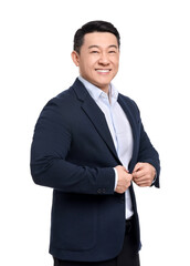 Businessman in suit posing on white background