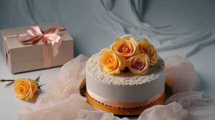 Birthday cake with gift box decor by beautiful flowers on white background. Generative Ai