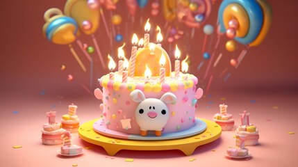 Experience the charm of a radiant birthday cake, burning candles set against a panorama of celebratory lights. Made by AI.