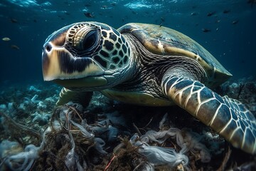 Naklejka na ściany i meble Polluted Waters: Underwater Capture of Sea Turtle Swimming Amidst Floating Plastic Trash 