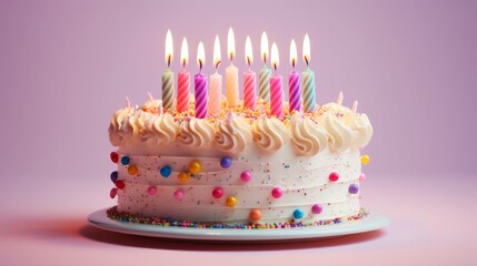 Admire a beautiful birthday cake, candles aflame, majestically poised against twinkling festive lights. AI-generated.