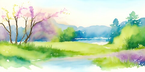 Watercolor landscape with flowers on a background of mountains.