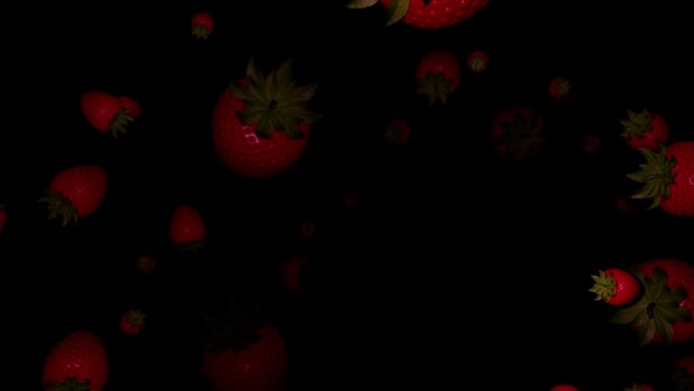 camera ride across strawberies furits in dark background. rotation arround strawbery