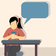 Vector illustration of the woman looking at screen with bubble chat