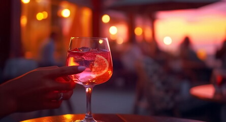  glass of champagne in hand on evening pink sunset summer beach restaurant ,candle blurred light on table in itali beach , romantic couple silhouette,generated ai