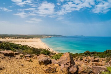 Aerial view of a beautiful seashore with a rocky cliff in Kef Abbed, Tunisia