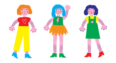 3 Abstract Happy Girls with Colorful Hear. Hand Drawn Vector Illustration with Cute Girlfriends Wearing Colorful Cloth. Young Women Cartoon Characters. Girl Power. Young Feminists. Sisterhood.