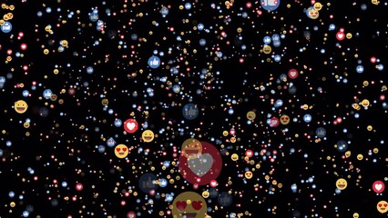 Social media emojis animation flying moving towards camera screen direction on black background