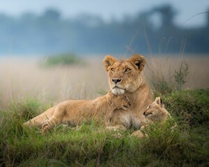 Closeup of a lioness witting with cute baby lions on a green field