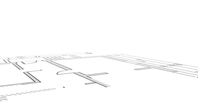 haus cad grundriss, 3d blueprint animation, linien konstruktion von einem familien-haus, gezeichnete konturen und outlines, virtueller bauplan, architektur bauwerk, camera & lines movement, 4k