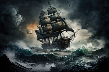 Pirate ship in stormy sea