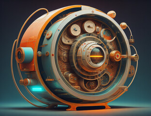An image of AI Generative of 3d rendering of an orange retro radio on a dark background.