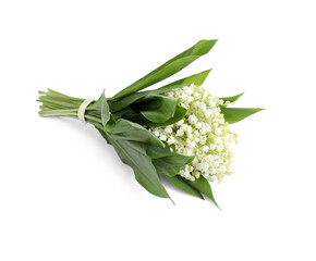 Beautiful lily of the valley bouquet on white background, top view