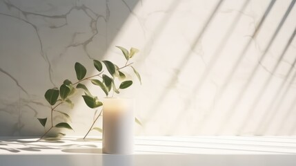 Minimal, modern white marble stone counter table, tropical monstera plant tree in sunlight on green wall background for luxury fresh organic cosmetic, skin care, beauty treatment product Conceived by 