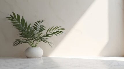Minimal, modern white marble stone counter table, tropical monstera plant tree in sunlight on green wall background for luxury fresh organic cosmetic, skin care, beauty treatment product Conceived by 