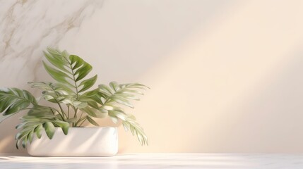 Minimal, modern white marble stone counter table, tropical monstera plant tree in sunlight on green wall background for luxury fresh organic cosmetic, skin care, beauty treatment product Conceived by 