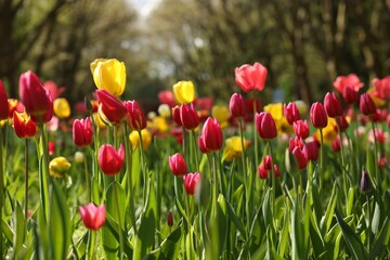 Obraz premium Beautiful bright tulips growing outdoors on sunny day
