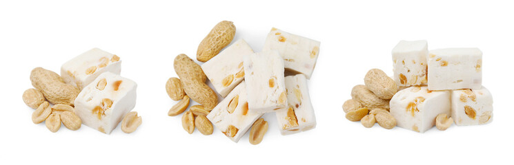 Delicious nougat with peanuts on white background, collage design