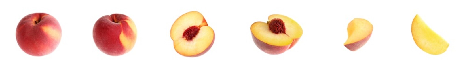 Cut and whole fresh peaches on white background