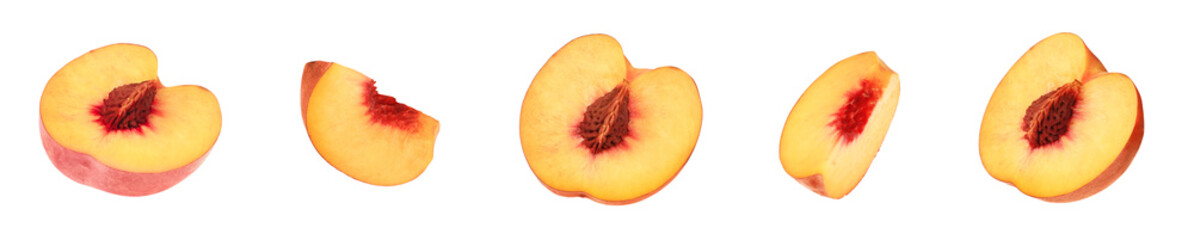 Cut fresh juicy peaches on white background