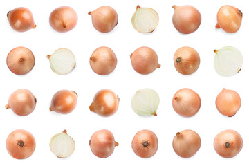Collage with fresh onions on white background