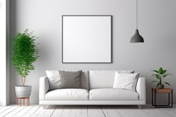Blank square poster frame mockup in minimalist style living room.AI generated.