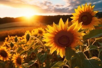 sunflower field at sunset, ai generative