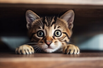 A little striped curious kitten is looking at the camera,Generative AI