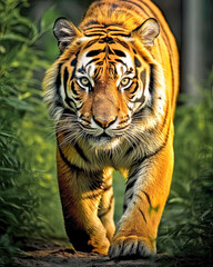 Obraz premium Front view of a tiger running towards the camera through the green jungle, made with generative ai