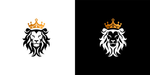 Royal king lion with gold crown symbol. Elegant black Leo animal logotype. Premium luxury brand identity icon. Vector illustration design template