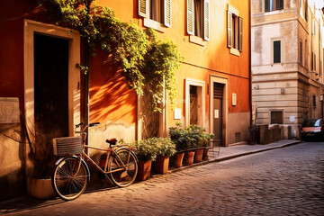 Fototapeta na wymiar Alleyway with cobblestones in front of Italian-style houses with a bicycle and shopping basket leaning against them, made with generative ai