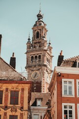 Obraz premium Vertical shot of Lille tower Beffrois between the buildings