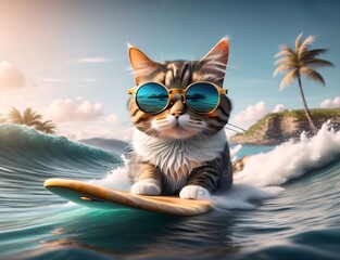 Cat wearing sunglasses surfing the ocean. Generative AI - obrazy, fototapety, plakaty