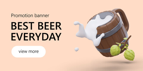 Realistic 3d illustration of mug in shape of barrel with tasty beer and cartoon natural hop. Promotion banner best beer every day. Vector with pink background